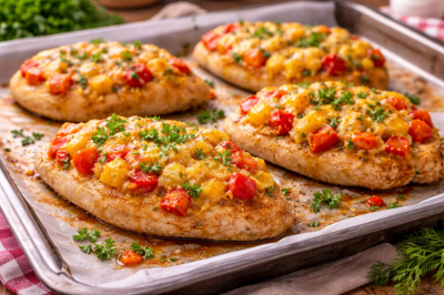 Не резиновая и не сухая: курочка под яркой шапочкой &mdash; запечённые грудки с перцем без лишней возни